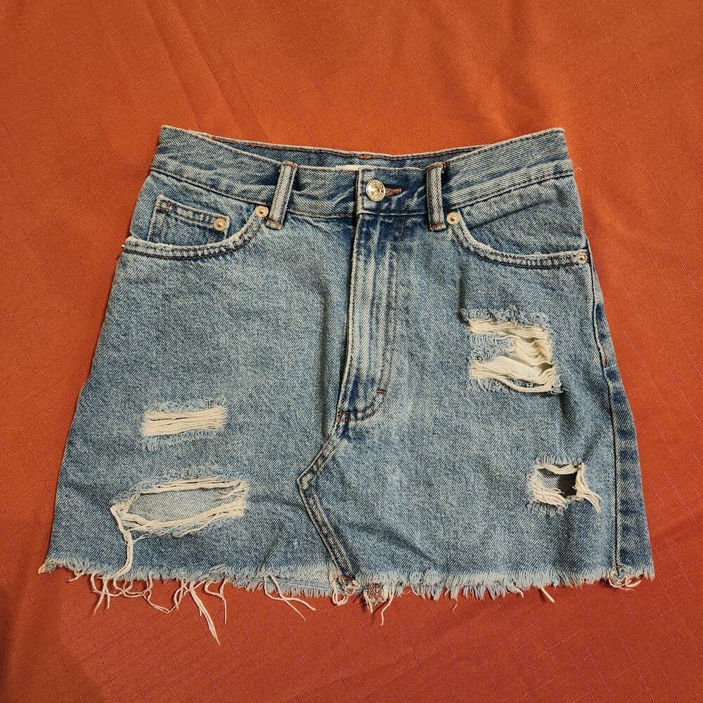 Light Blue Denim Jean Skirt Distressed Women's Size S 25” Waist 90s Y2K Style